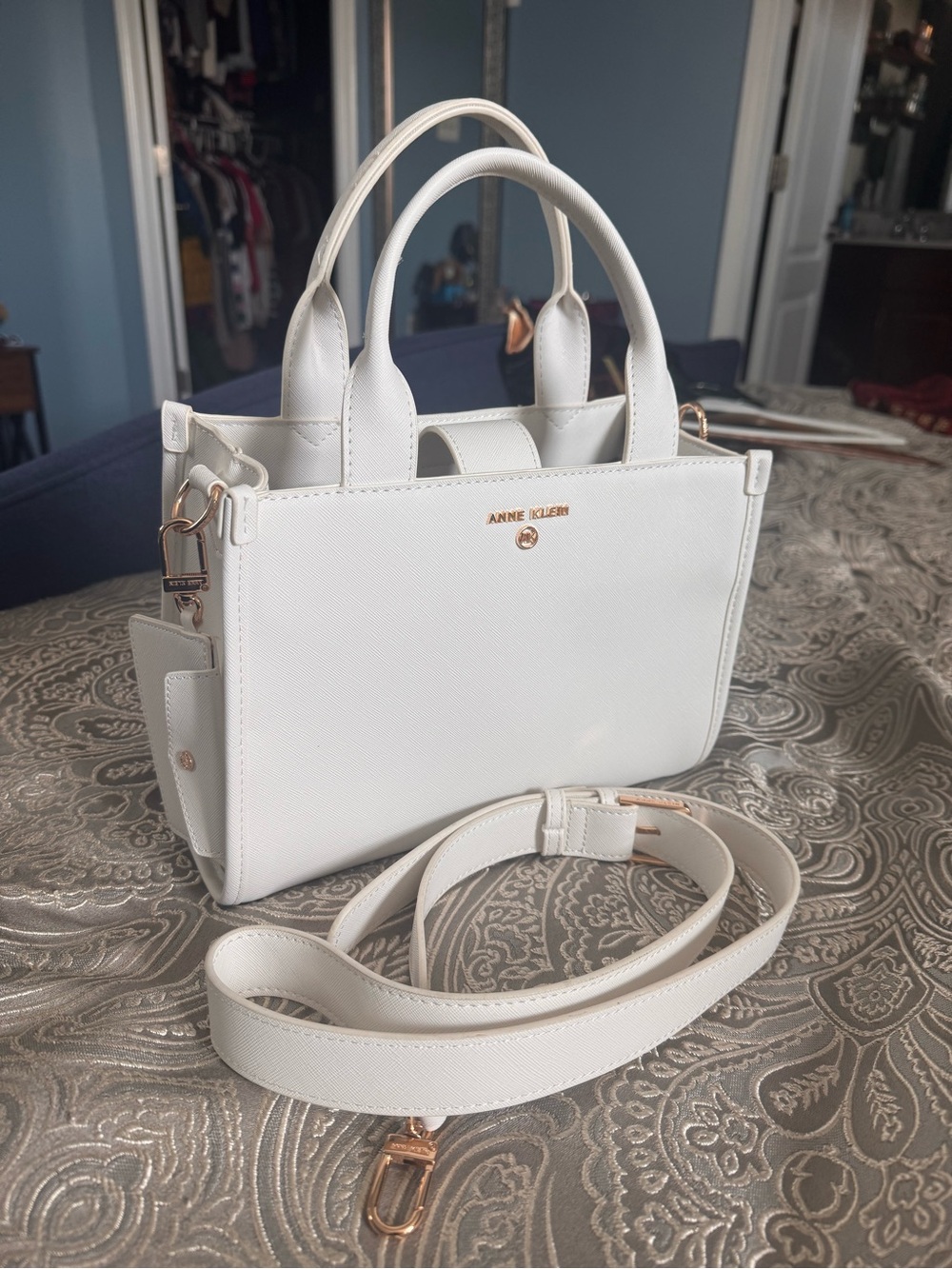 Anne Klein White Saffiano Crossbody Tote with Gold Hardware